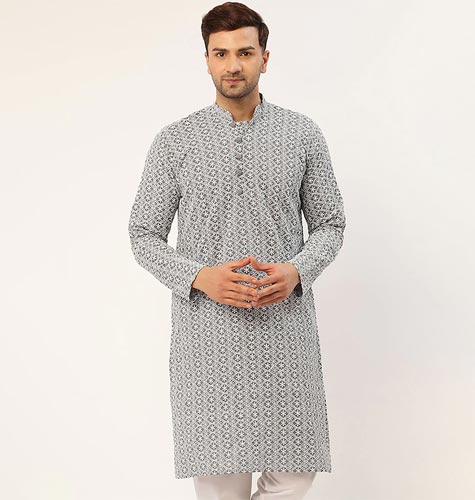 Men Grey Embroidered Kurta